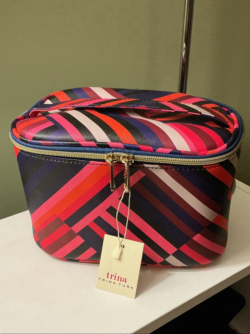 Trina Turk NWT Multicolor Striped Cosmetic Case Bag Pink Navy Coral Black White